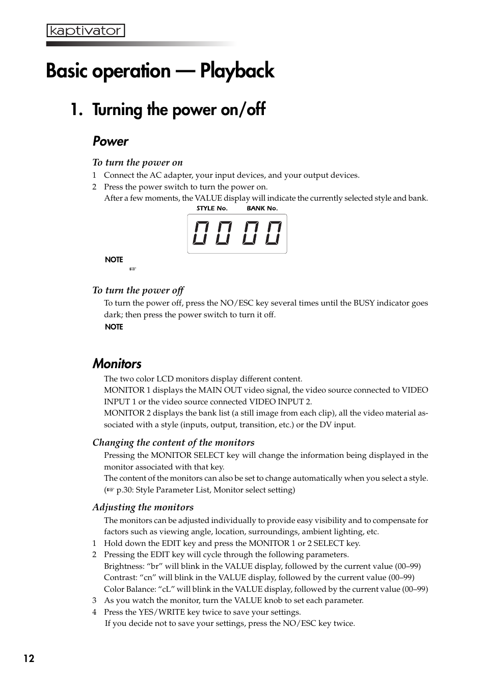 Basic operation — playback, Turning the power on/off, Power | Monitors | KORG Kaptivator KTV1 User Manual | Page 14 / 59