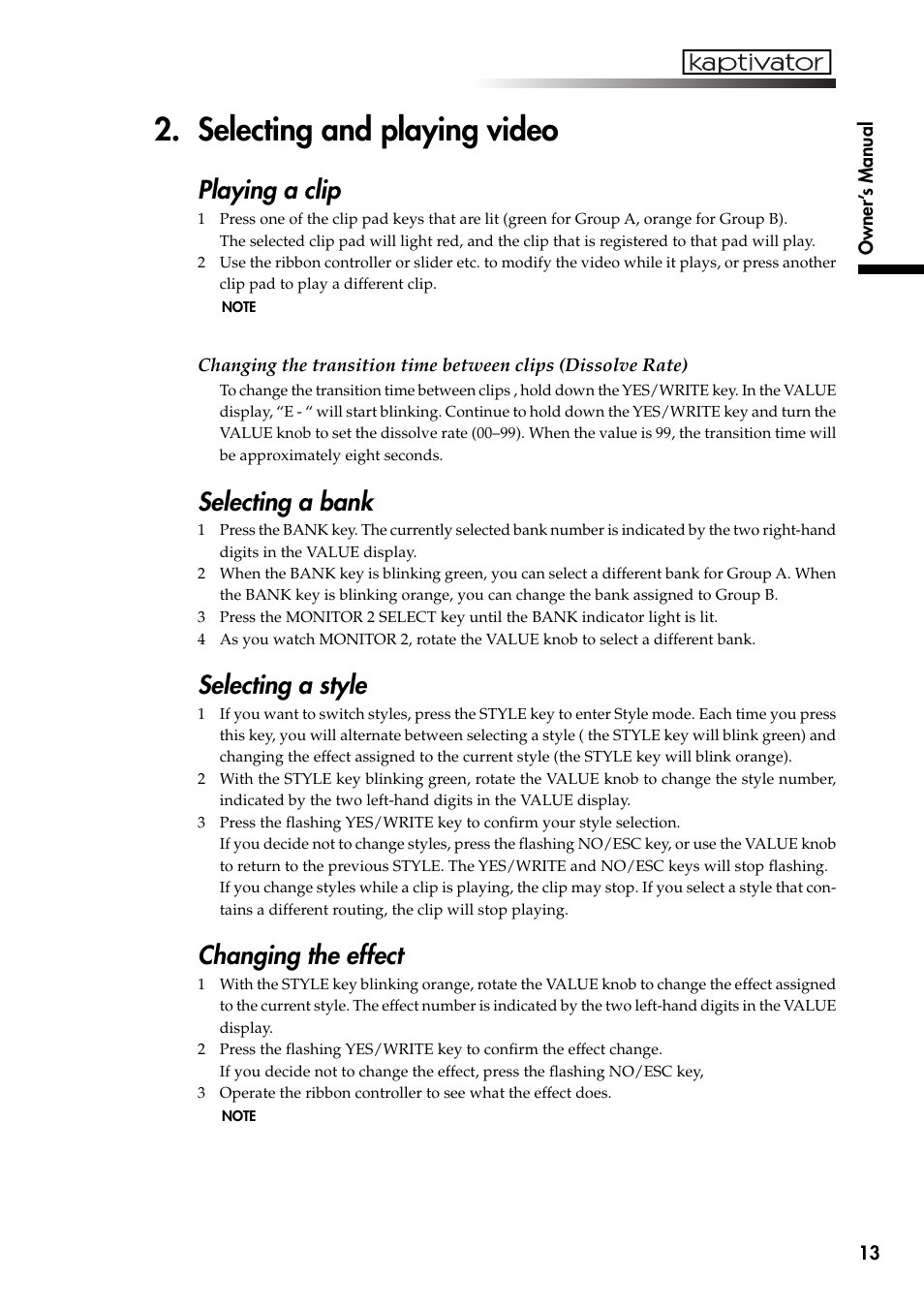 Selecting and playing video, Playing a clip, Selecting a bank | Selecting a style, Changing the effect | KORG Kaptivator KTV1 User Manual | Page 15 / 59