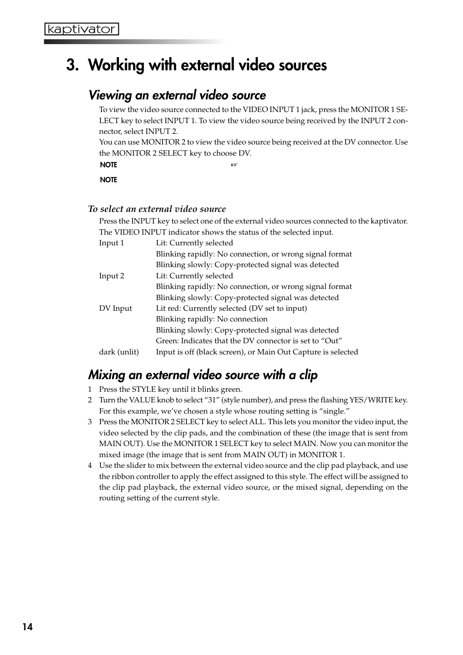 Working with external video sources, Viewing an external video source, Mixing an external video source with a clip | KORG Kaptivator KTV1 User Manual | Page 16 / 59