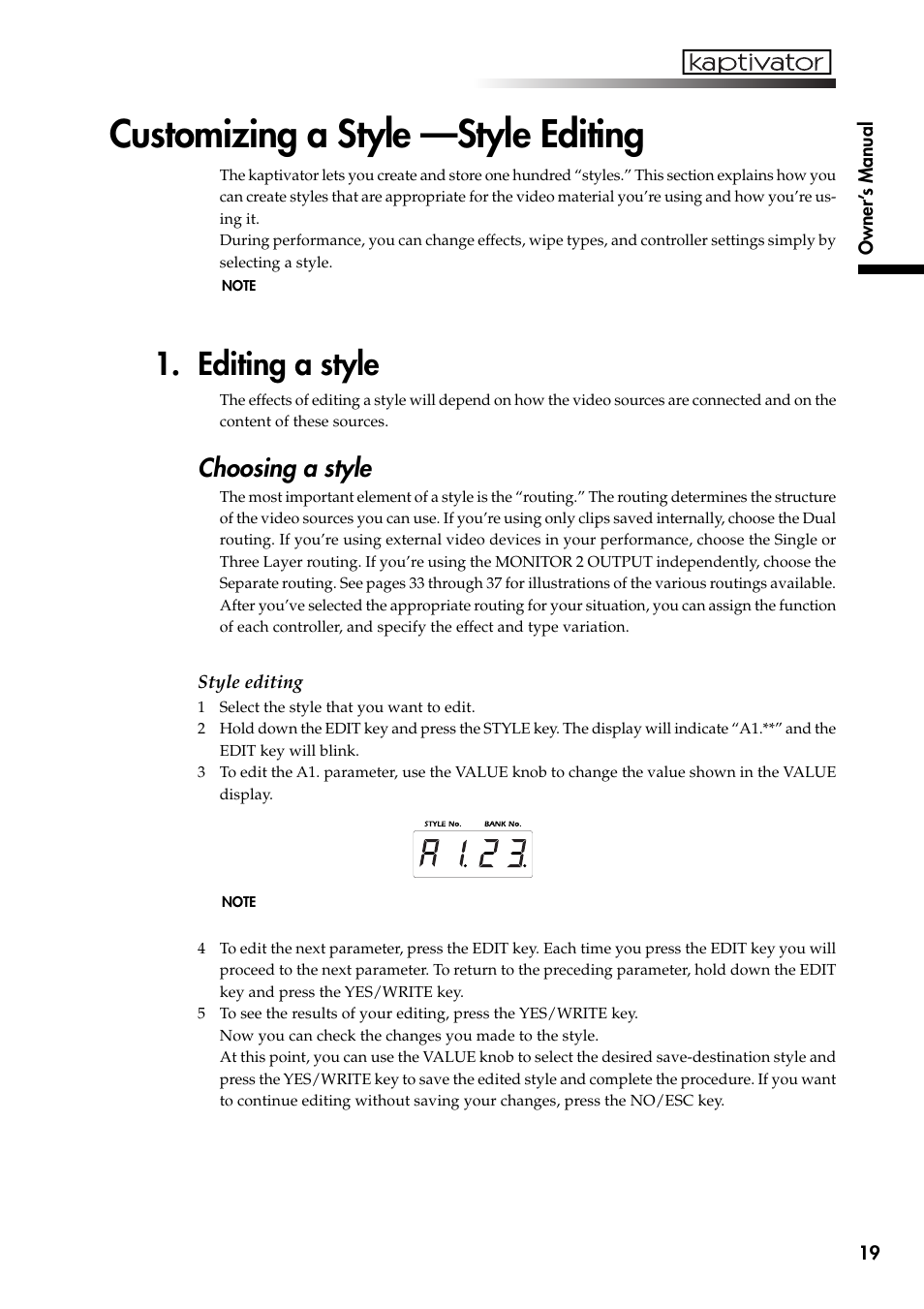 Customizing a style —style editing, Editing a style, Choosing a style | KORG Kaptivator KTV1 User Manual | Page 21 / 59