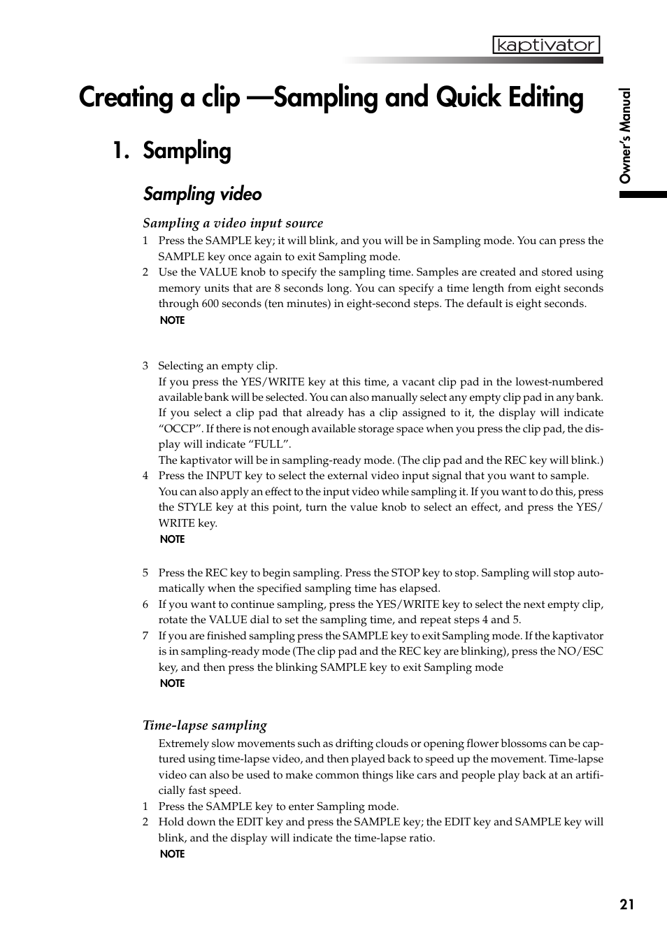 Creating a clip —sampling and quick editing, Sampling, Creating a clip —sampling and quick | Editing, Sampling video | KORG Kaptivator KTV1 User Manual | Page 23 / 59