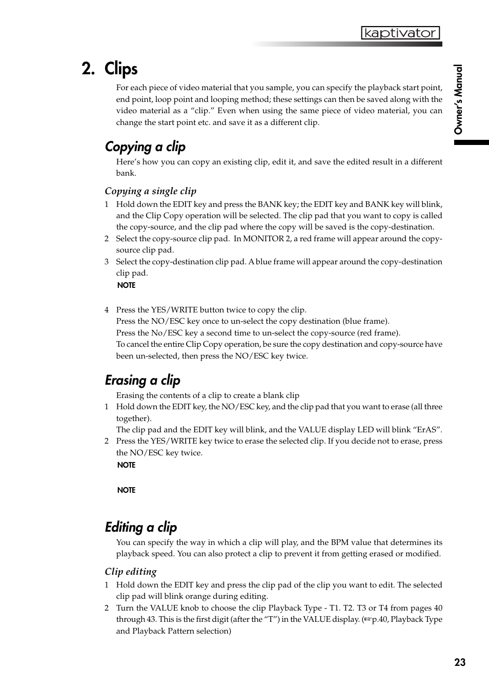 Clips, Copying a clip, Erasing a clip | Editing a clip | KORG Kaptivator KTV1 User Manual | Page 25 / 59