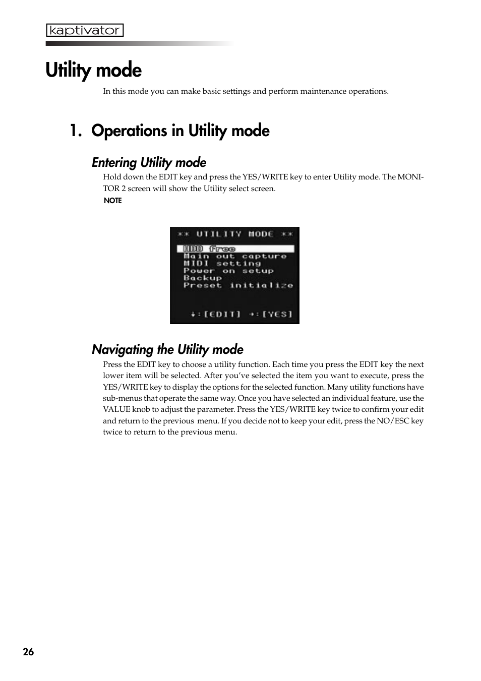 Utility mode, Operations in utility mode, Entering utility mode | Navigating the utility mode | KORG Kaptivator KTV1 User Manual | Page 28 / 59