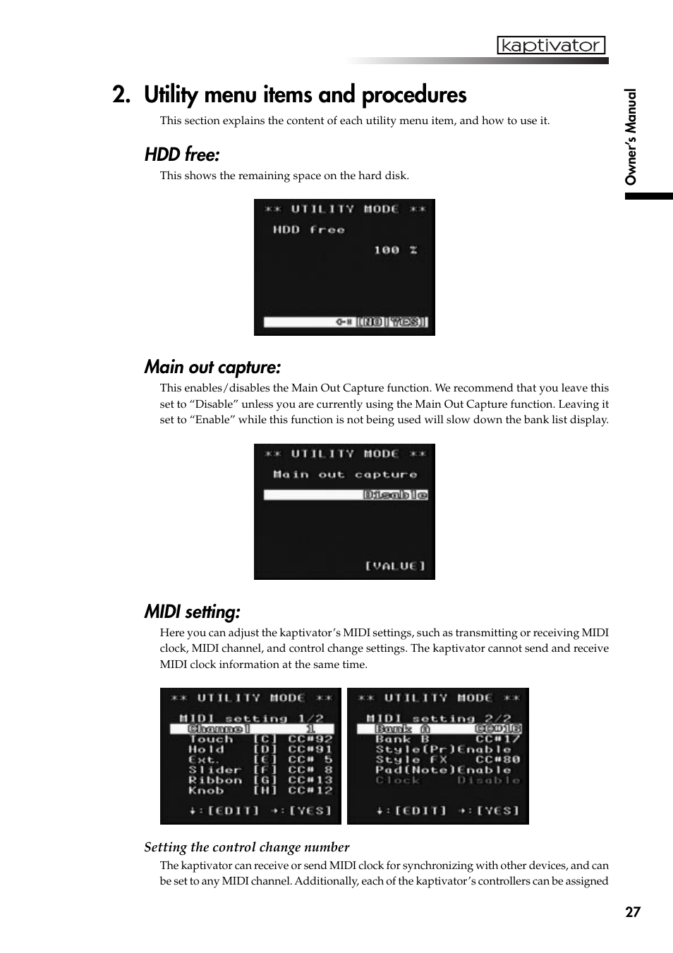 Utility menu items and procedures, Hdd free, Main out capture | Midi setting | KORG Kaptivator KTV1 User Manual | Page 29 / 59