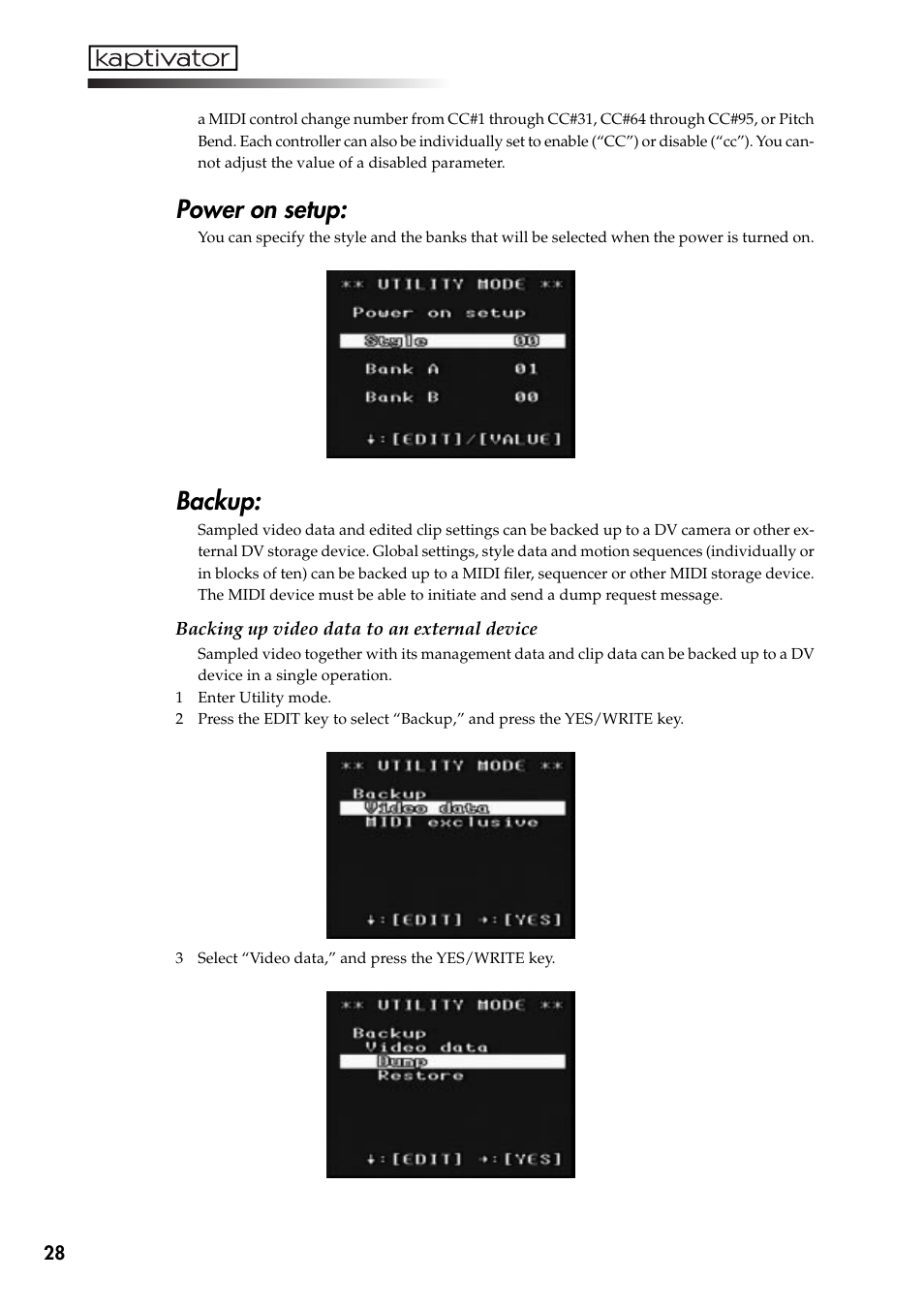 Power on setup, Backup | KORG Kaptivator KTV1 User Manual | Page 30 / 59