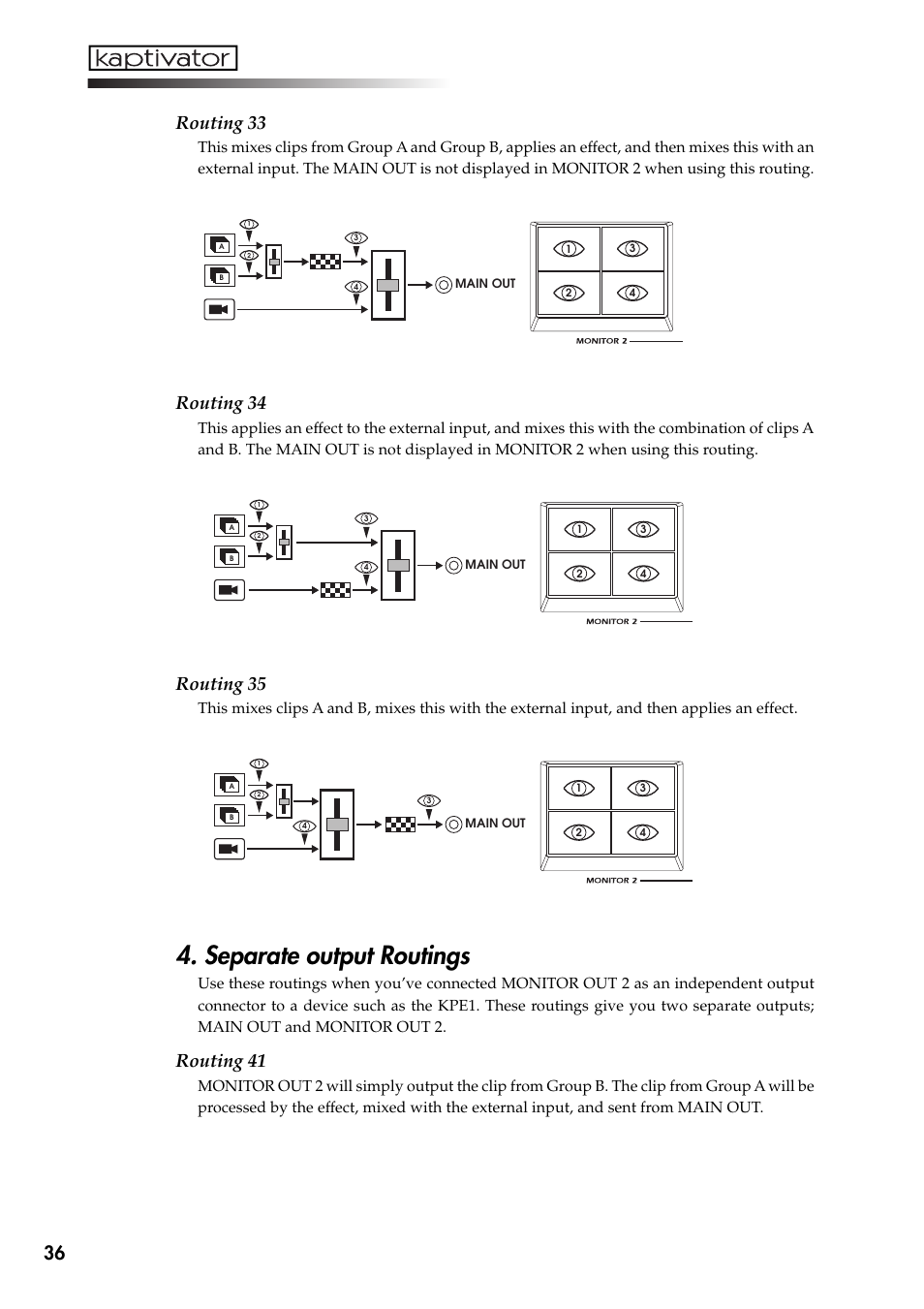 Separate output routings, 36 routing 33, Routing 34 | Routing 35, Routing 41 | KORG Kaptivator KTV1 User Manual | Page 38 / 59