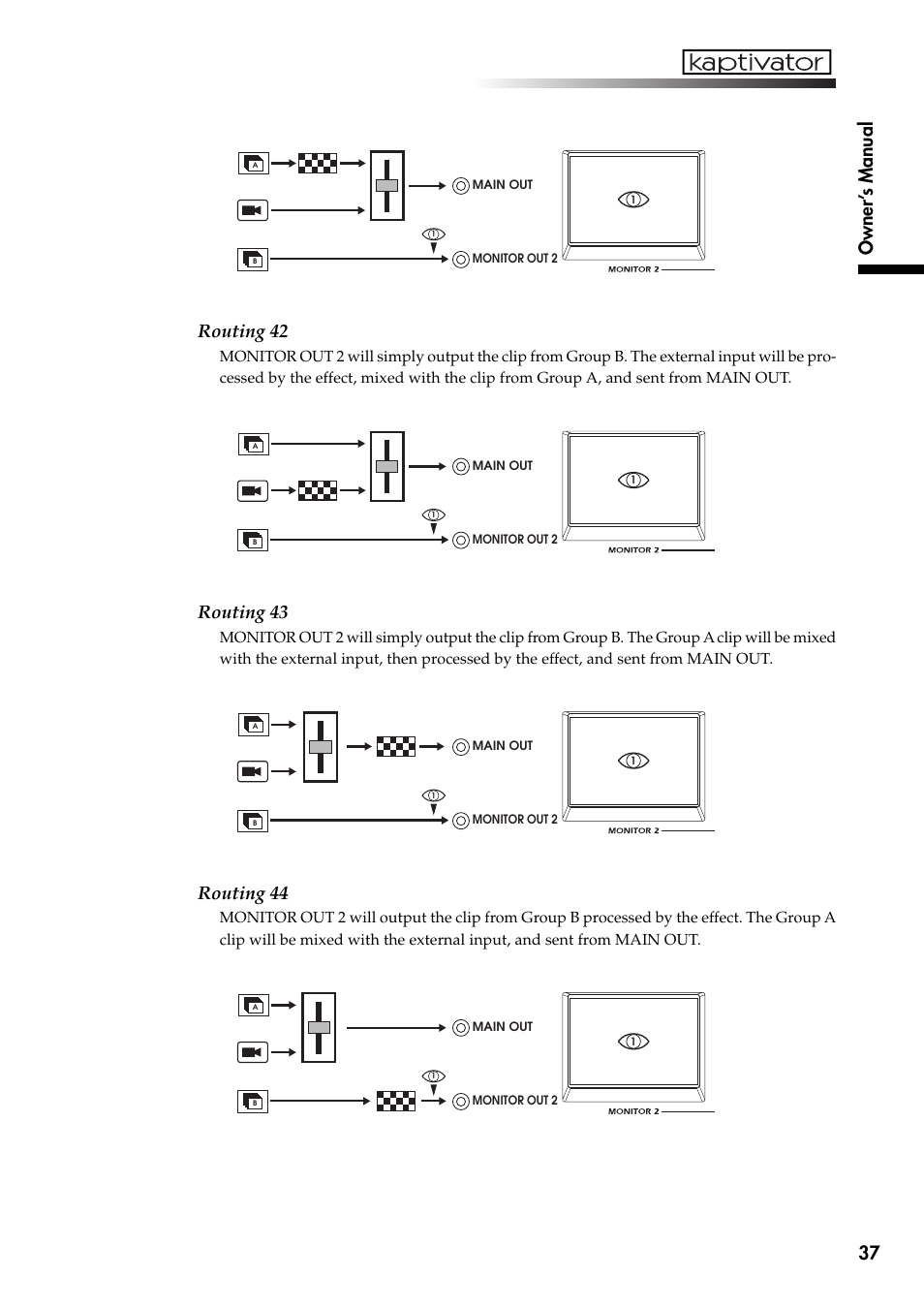 37 owner’ s manual, Routing 42, Routing 43 | Routing 44 | KORG Kaptivator KTV1 User Manual | Page 39 / 59