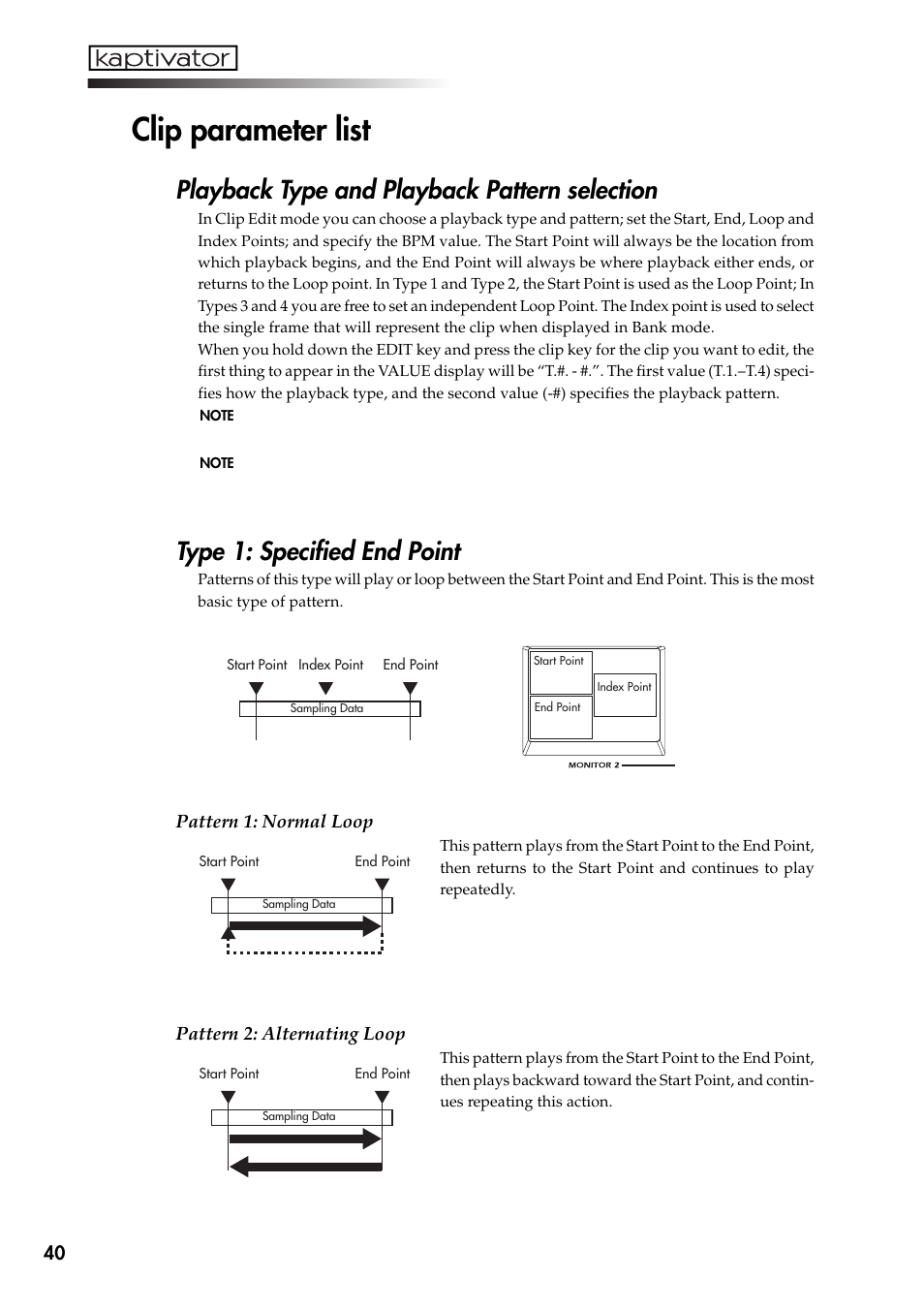 Clip parameter list, Playback type and playback pattern selection, Type 1: specified end point | KORG Kaptivator KTV1 User Manual | Page 42 / 59