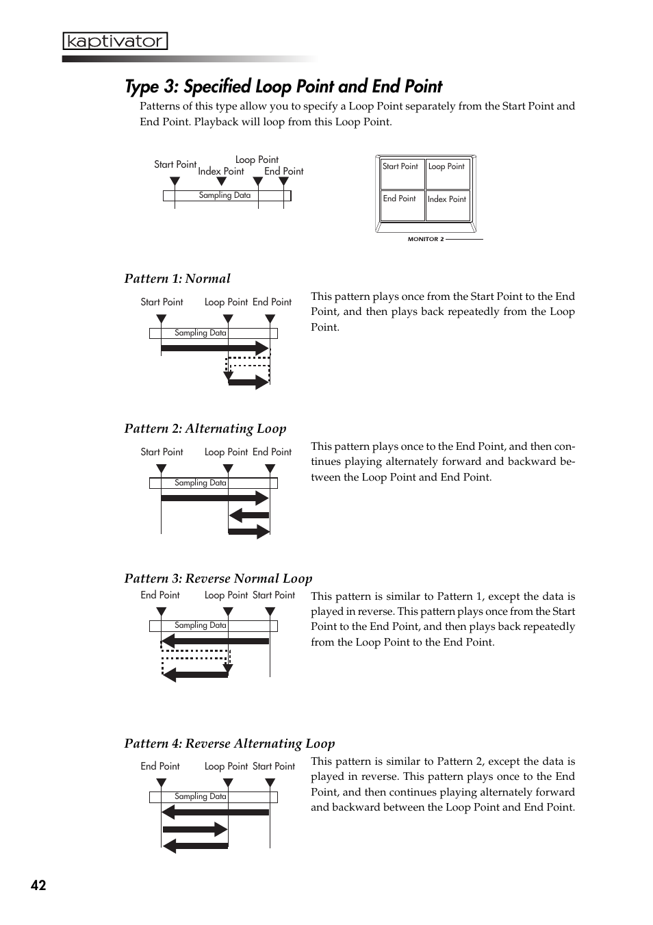 Type 3: specified loop point and end point, Pattern 1: normal, Pattern 2: alternating loop | Pattern 3: reverse normal loop, Pattern 4: reverse alternating loop | KORG Kaptivator KTV1 User Manual | Page 44 / 59