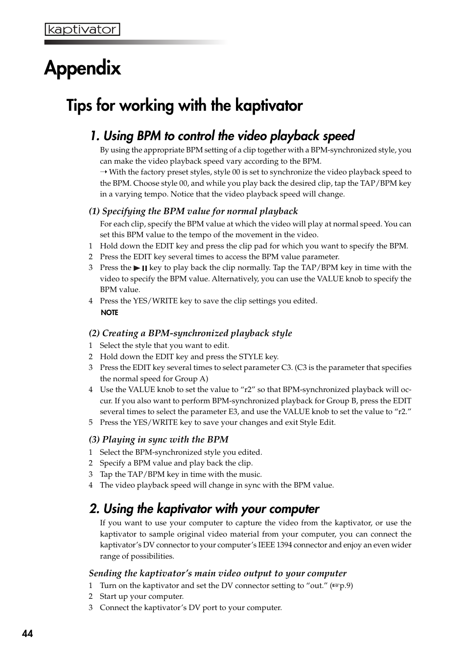 Appendix, Tips for working with the kaptivator, Using bpm to control the video playback speed | Using the kaptivator with your computer | KORG Kaptivator KTV1 User Manual | Page 46 / 59