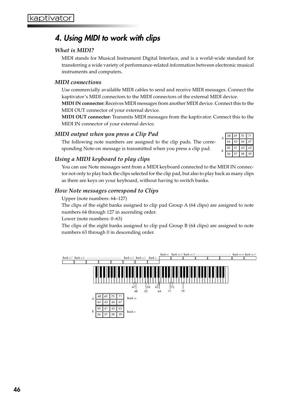 Using midi to work with clips, What is midi, Midi connections | Midi output when you press a clip pad, Using a midi keyboard to play clips | KORG Kaptivator KTV1 User Manual | Page 48 / 59