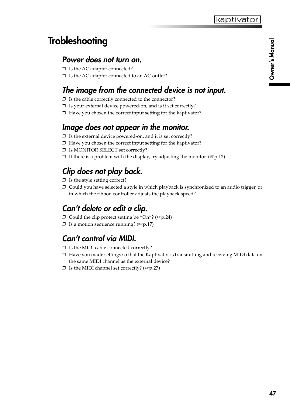 Trobleshooting, Power does not turn on, The image from the connected device is not input | Image does not appear in the monitor, Clip does not play back, Can’t delete or edit a clip, Can’t control via midi | KORG Kaptivator KTV1 User Manual | Page 49 / 59