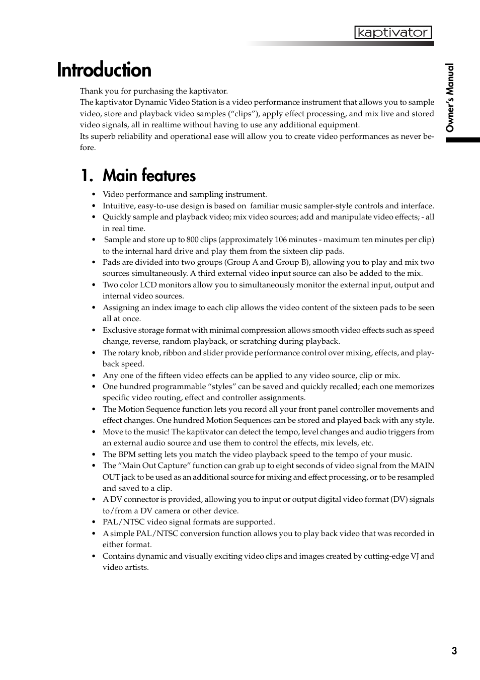 Introduction, Main features | KORG Kaptivator KTV1 User Manual | Page 5 / 59