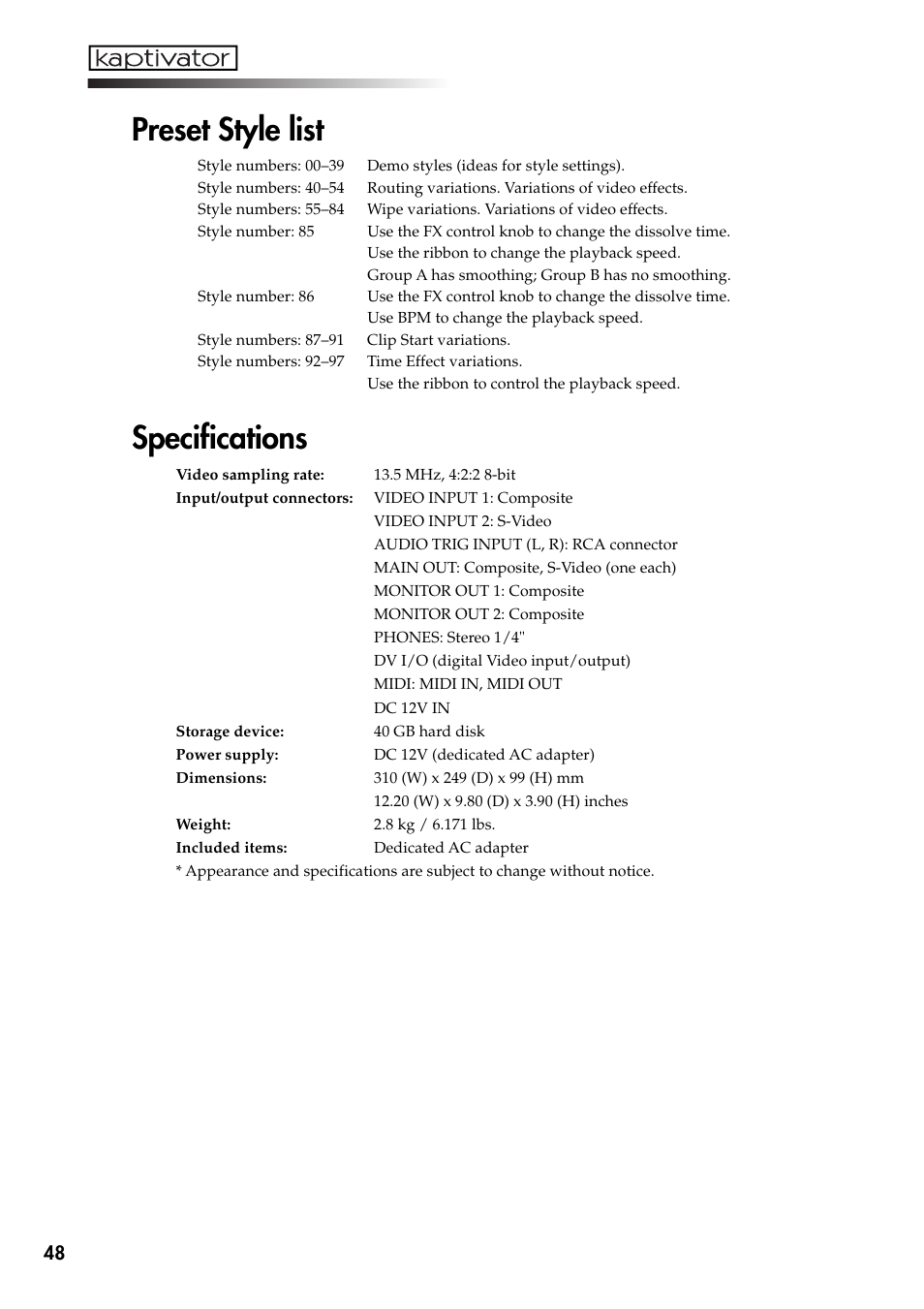 Preset style list, Specifications, Preset style list specifications | KORG Kaptivator KTV1 User Manual | Page 50 / 59