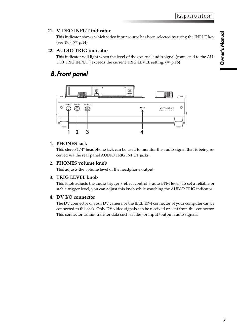 B. front panel | KORG Kaptivator KTV1 User Manual | Page 9 / 59