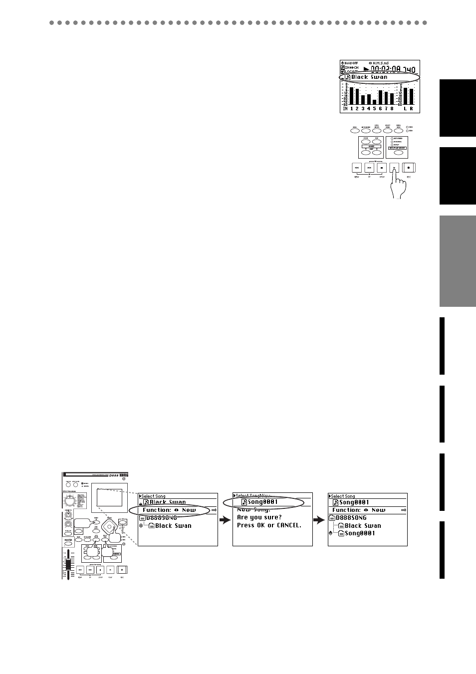 3. listen to the demo song, Recording, 1. creating a new song | KORG D888 User Manual | Page 15 / 52