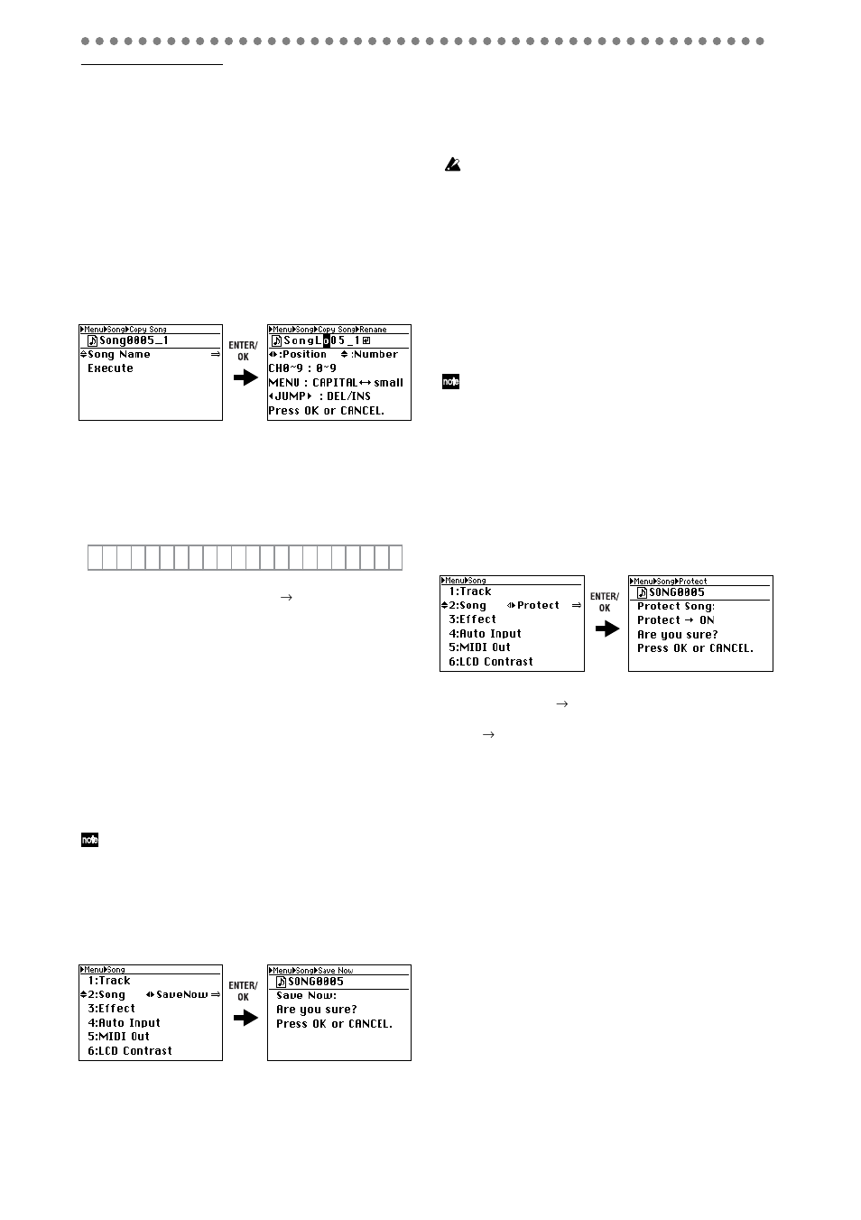 4. saving a song, 5. protecting a song, 4. saving a song 1-5. protecting a song | You can also save data manually, P.36 “1-4. saving a song”), Tected, P.36) | KORG D888 User Manual | Page 36 / 52