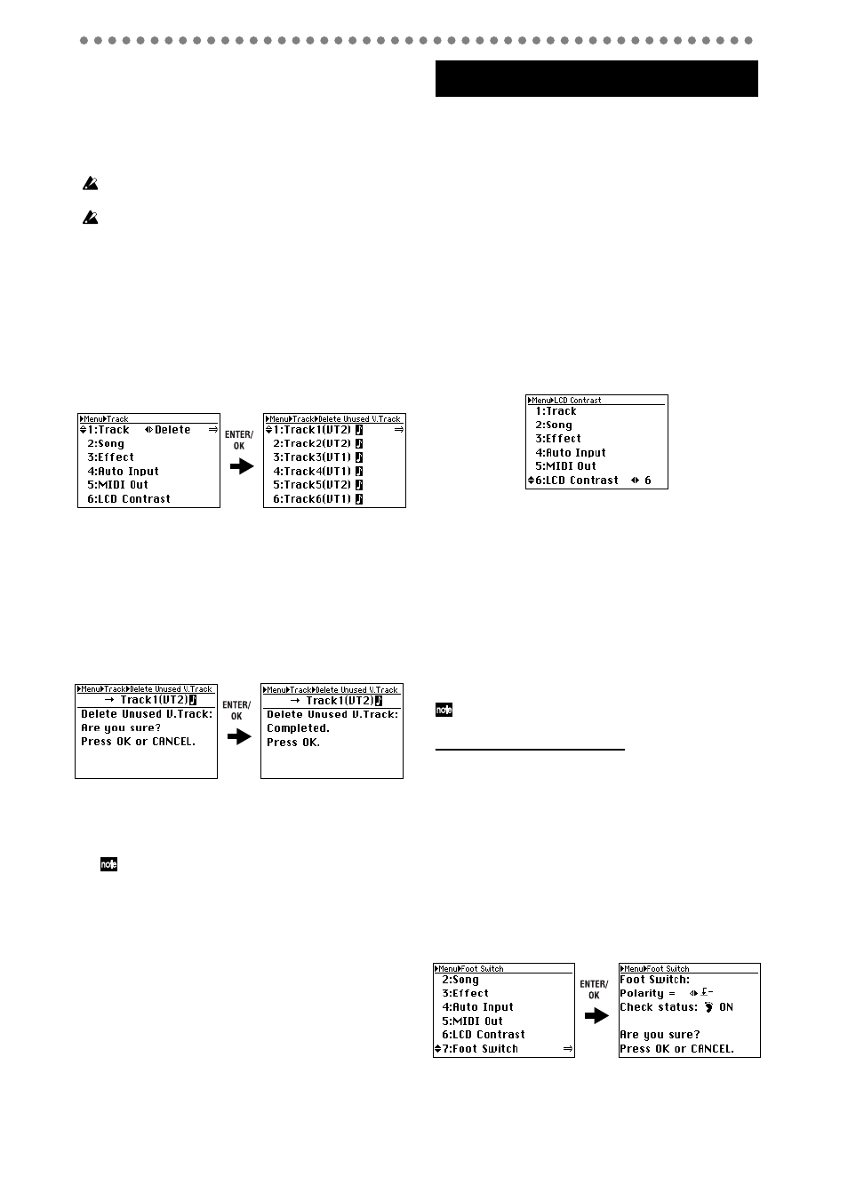 6. deleting track data (delete), Other, Adjusting the contrast | Using a foot switch, 40 2-6. deleting track data (delete) | KORG D888 User Manual | Page 40 / 52