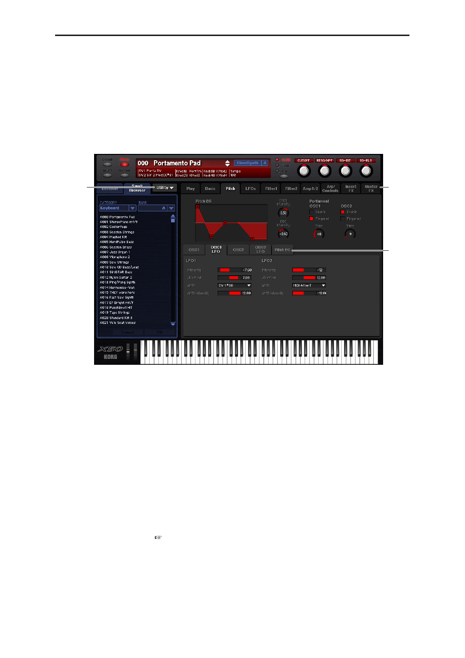 Selecting a parameter and editing the value, Selecting and executing utility functions, Selecting pages and tabs | KORG EasyStart microX User Manual | Page 25 / 33