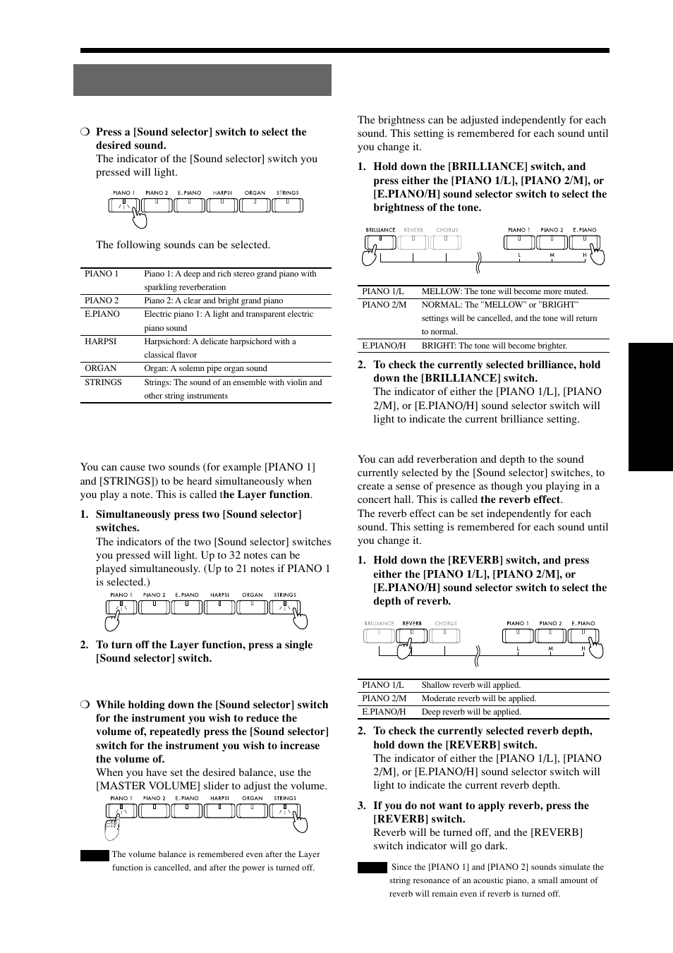 Playing the c-4500, Selecting a sound, Adding effects to the sound | Selecting a sound 2. adding effects to the sound, Adjusting the brightness, Adding reverberation, Playing two sounds together (the layer function), Adjusting the volume balance of the two sounds | KORG Digital Piano Concert C-4500 User Manual | Page 11 / 28