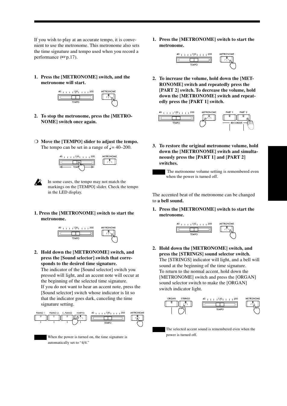 Playing with the metronome, Sounding the metronome, Adjusting the tempo | Setting the time signature, Adjusting the volume | KORG Digital Piano Concert C-4500 User Manual | Page 13 / 28
