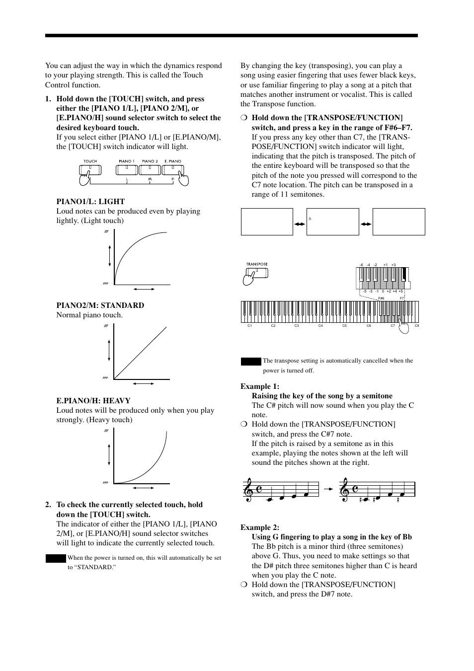 Adjusting the keyboard touch, Changing keys (transpose), Piano2/m: standard normal piano touch | KORG Digital Piano Concert C-4500 User Manual | Page 14 / 28