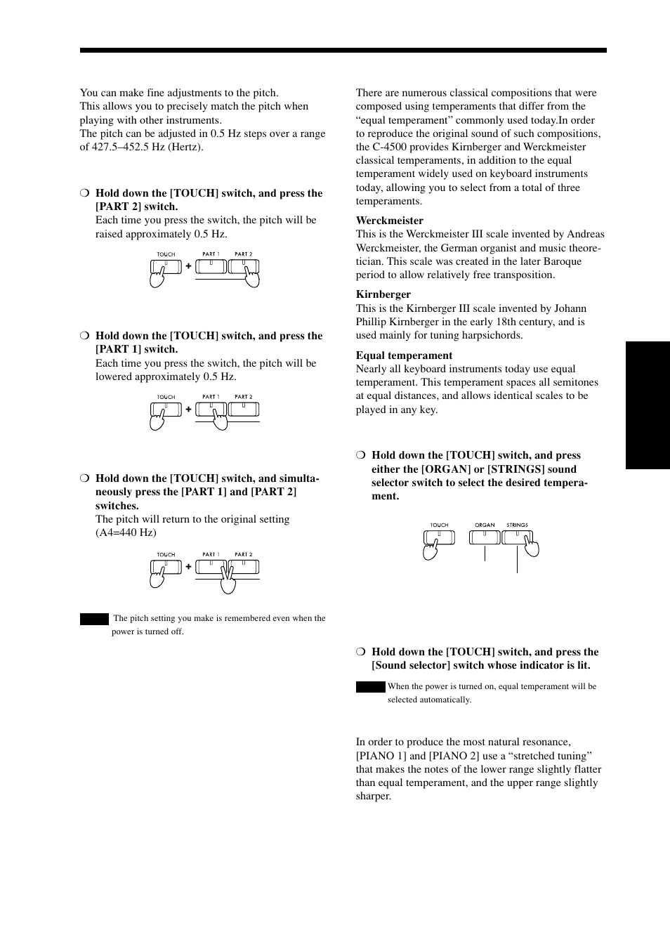 Adjusting the pitch, Selecting a temperament, Adjusting the pitch 8. selecting a temperament | KORG Digital Piano Concert C-4500 User Manual | Page 15 / 28