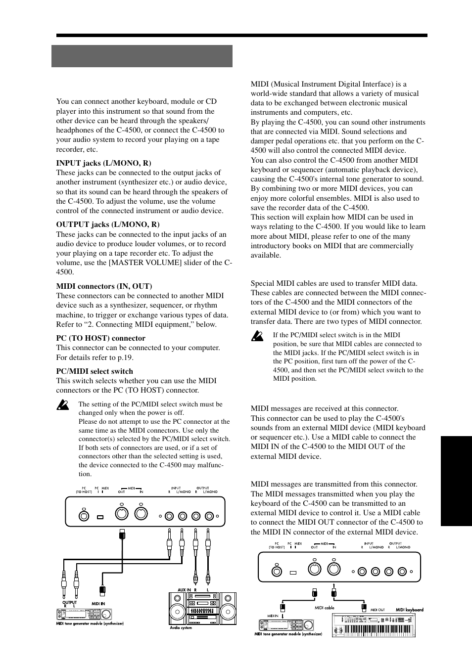 Connecting other devices, Connecting a synthesizer or audio system, Connecting midi equipment | KORG Digital Piano Concert C-4500 User Manual | Page 19 / 28