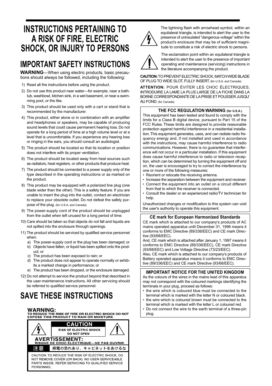 Important safety instructions, Save these instructions | KORG Digital Piano Concert C-4500 User Manual | Page 2 / 28