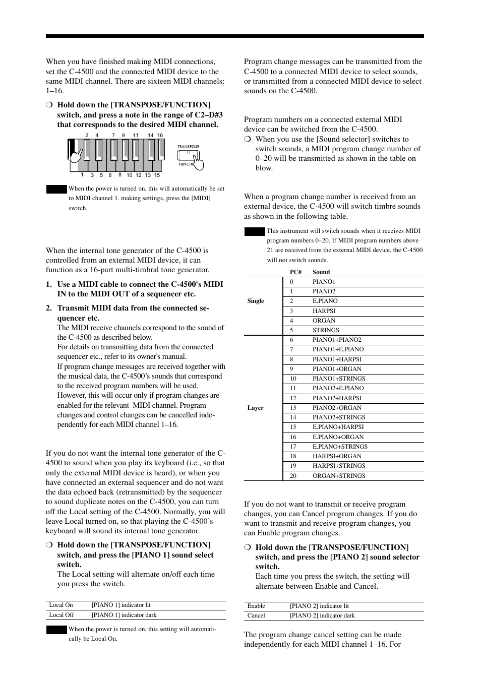 20 midi channel, Using the c-4500 as a multi-timbral tone generator, Local on/off setting | Program changes, Transmitting program changes, Receiving program changes, Program change cancel | KORG Digital Piano Concert C-4500 User Manual | Page 20 / 28