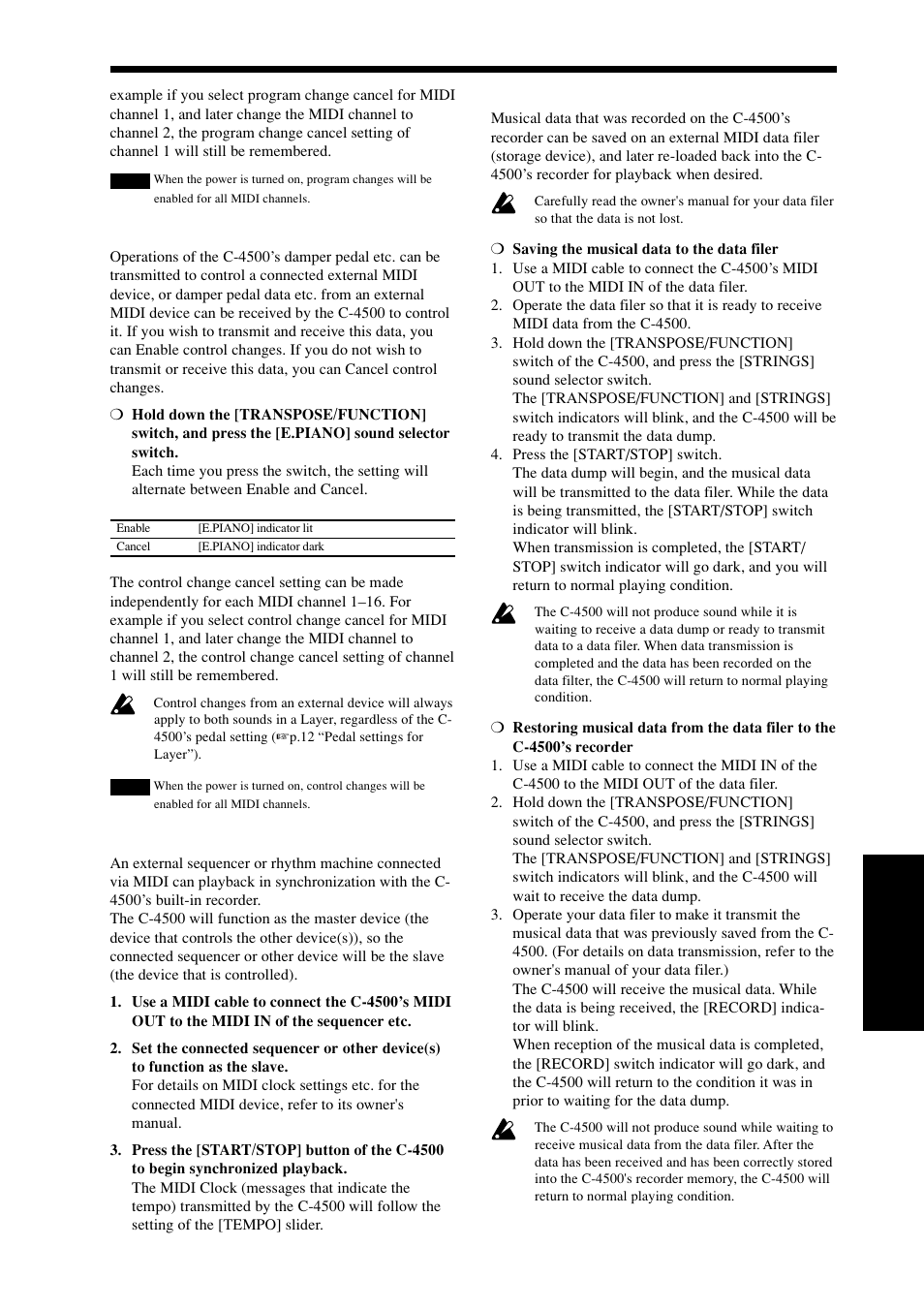 Control changes, Synchronizing with an external sequencer, Saving recorder data (data dump) | KORG Digital Piano Concert C-4500 User Manual | Page 21 / 28