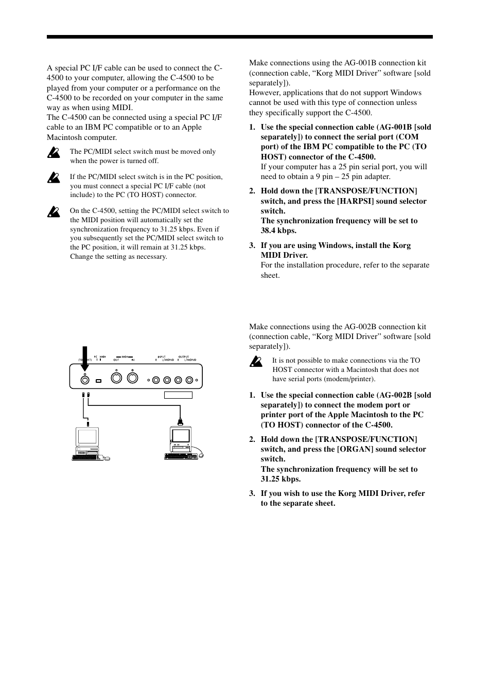 Connecting a computer, Connecting an ibm pc compatible, Connecting an apple macintosh series computer | KORG Digital Piano Concert C-4500 User Manual | Page 22 / 28