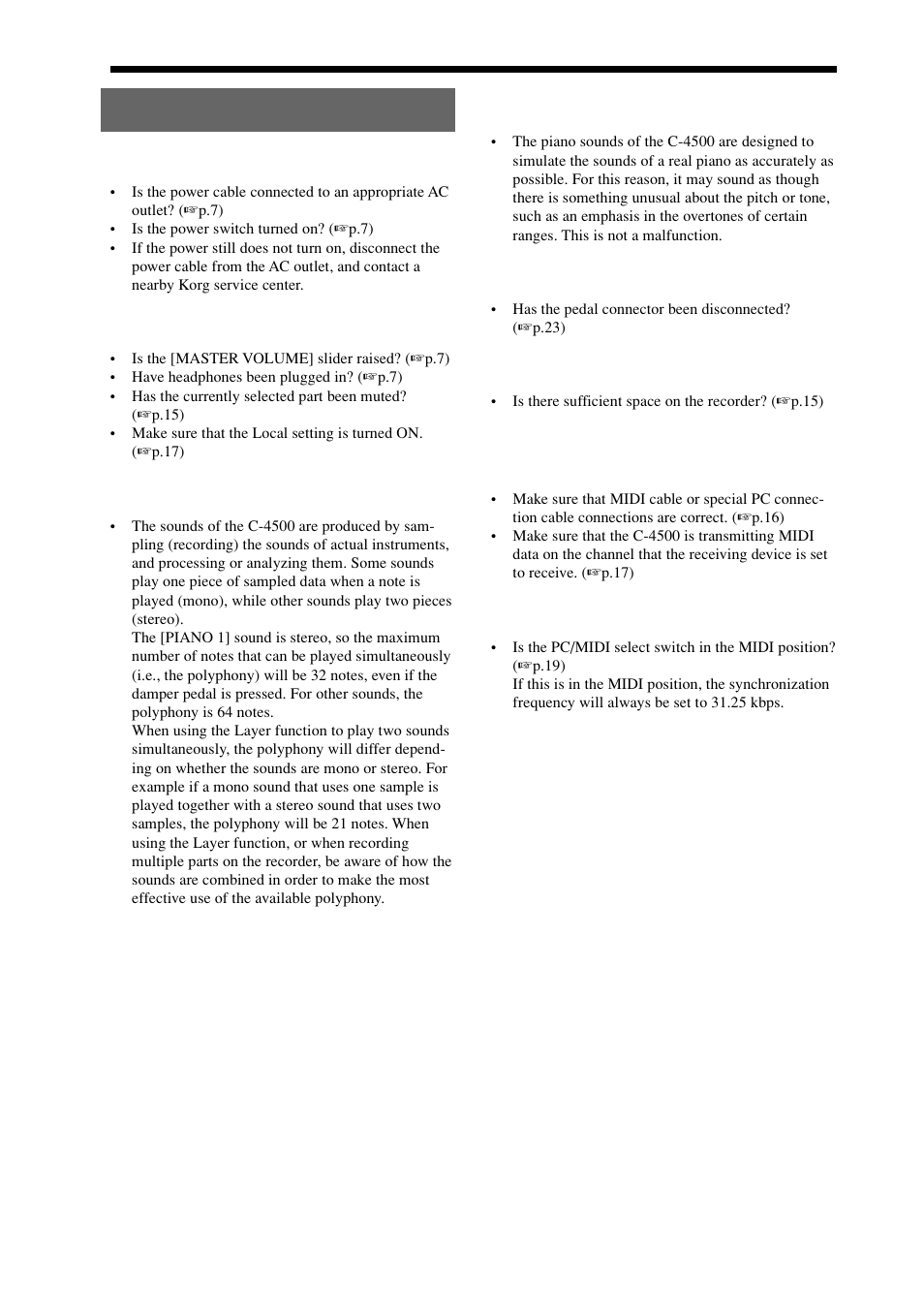 Troubleshooting | KORG Digital Piano Concert C-4500 User Manual | Page 23 / 28