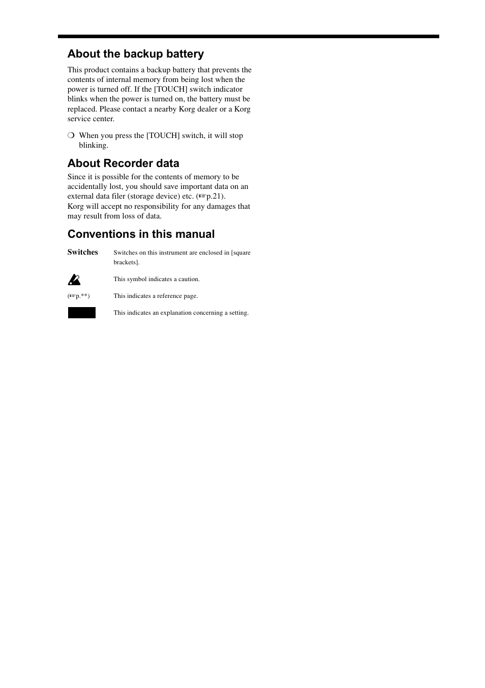 About recorder data, About the backup battery, Conventions in this manual | About recorder data conventions in this manual | KORG Digital Piano Concert C-4500 User Manual | Page 3 / 28