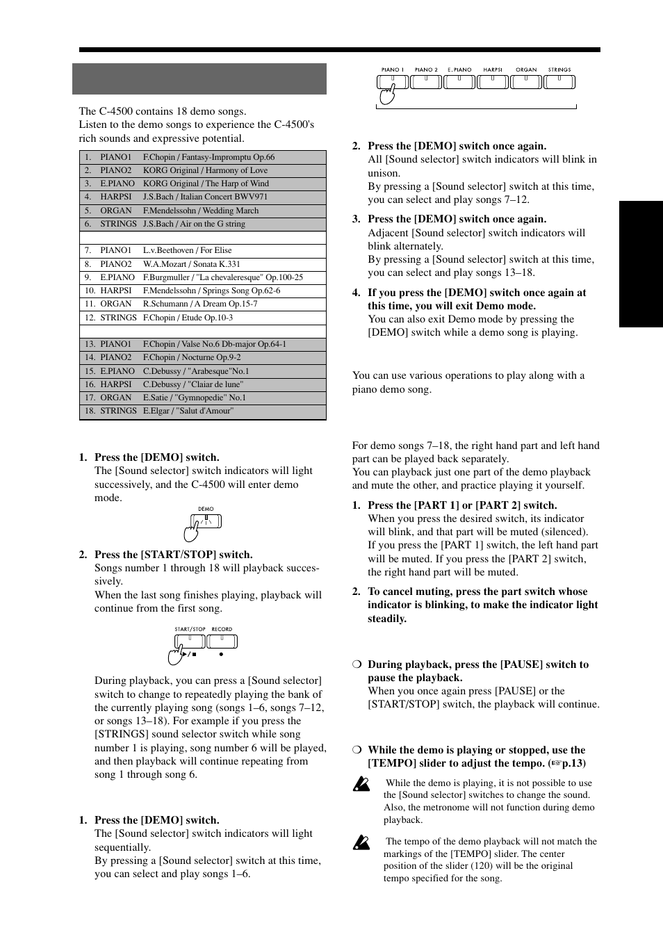 Listening to the demo songs, Practicing along with a demo song, Pausing the demo playback | Changing the tempo of the demo playback, Selecting a specific demo song | KORG Digital Piano Concert C-4500 User Manual | Page 9 / 28