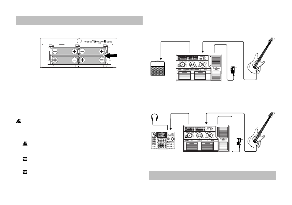 Configuration, Installation des piles, Raccordements | Exemple de branchement à un ampli guitare, Jouer (mode programme) | KORG TONEWORKS AX5G User Manual | Page 18 / 43