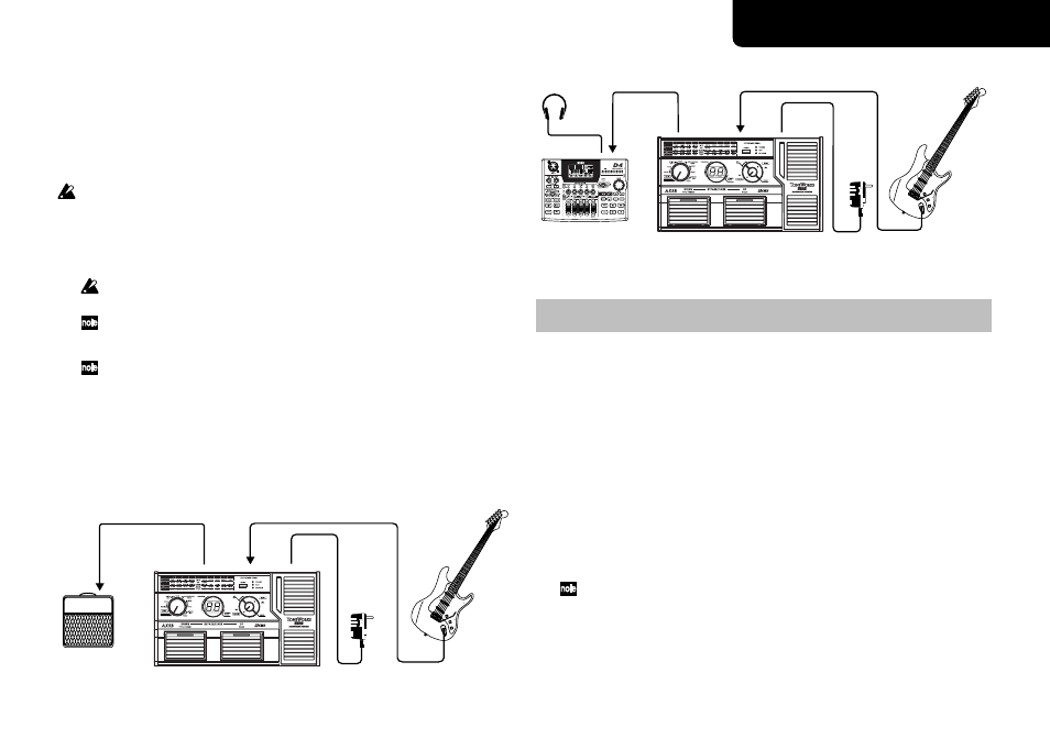 Basic connections, Example of a connection to a guitar amp, Example of a connection to a mixer or recorder | Program mode, Selecting a program, Ax5g owner’s manual | KORG TONEWORKS AX5G User Manual | Page 7 / 43