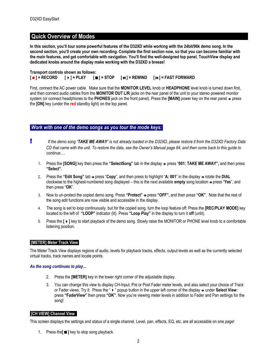 Meter] meter track view, Quick overview of modes | KORG EASYSTART D32XD User Manual | Page 2 / 8