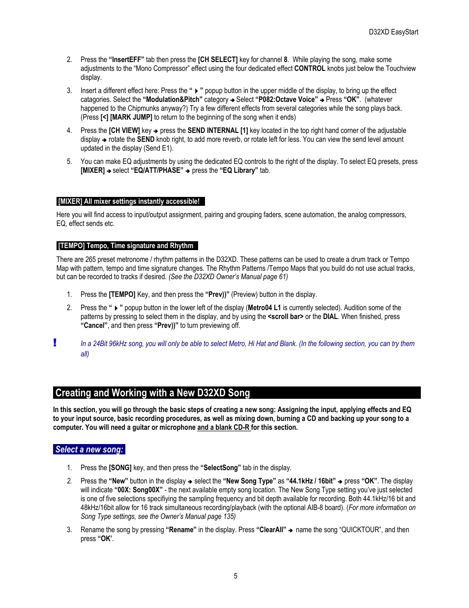 Creating and working with a new d32xd song, Select a new song | KORG EASYSTART D32XD User Manual | Page 5 / 8