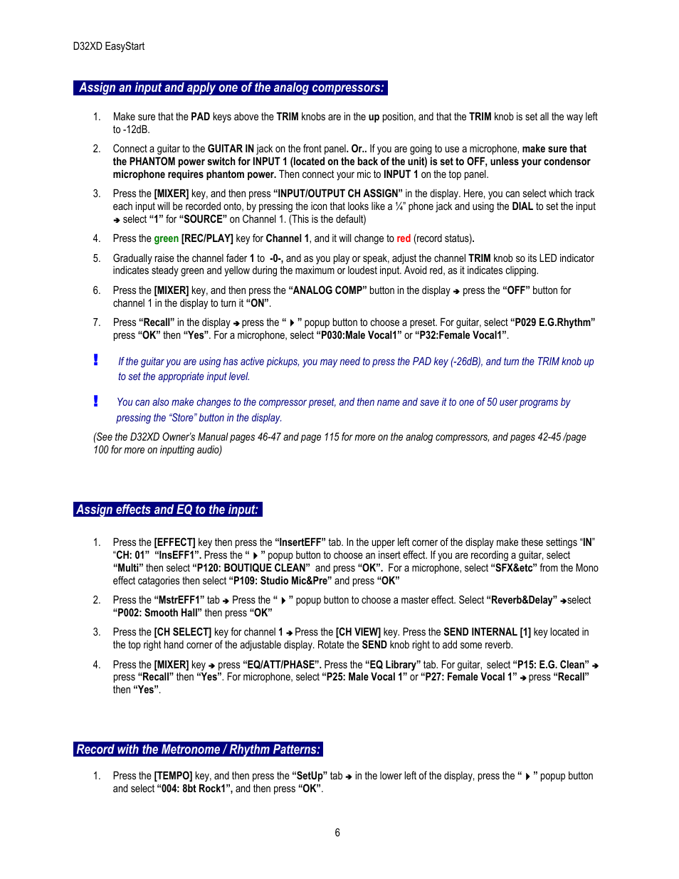 Assign effects and eq to the input, Record with the metronome / rhythm patterns | KORG EASYSTART D32XD User Manual | Page 6 / 8