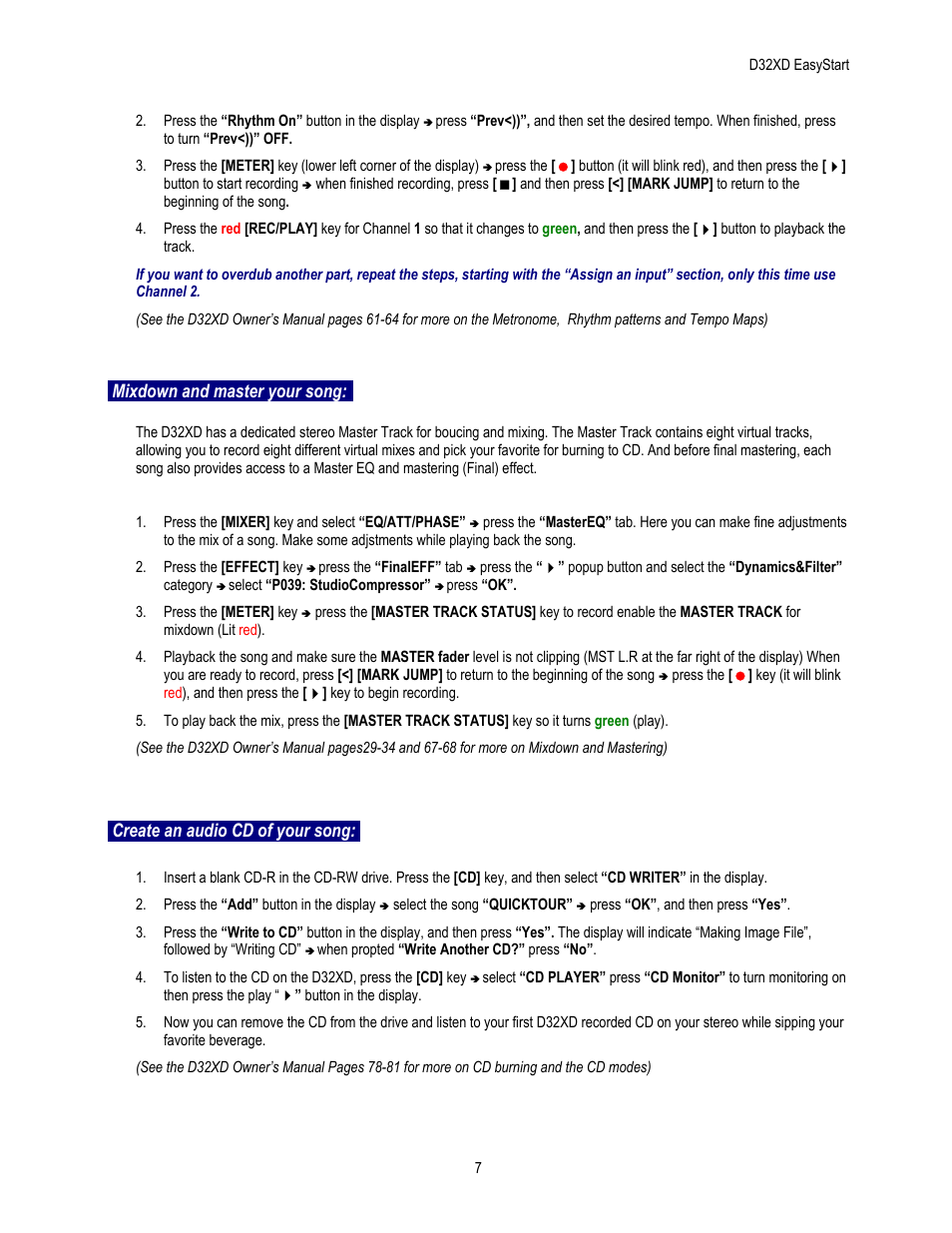 Mixdown and master your song, Create an audio cd of your song | KORG EASYSTART D32XD User Manual | Page 7 / 8