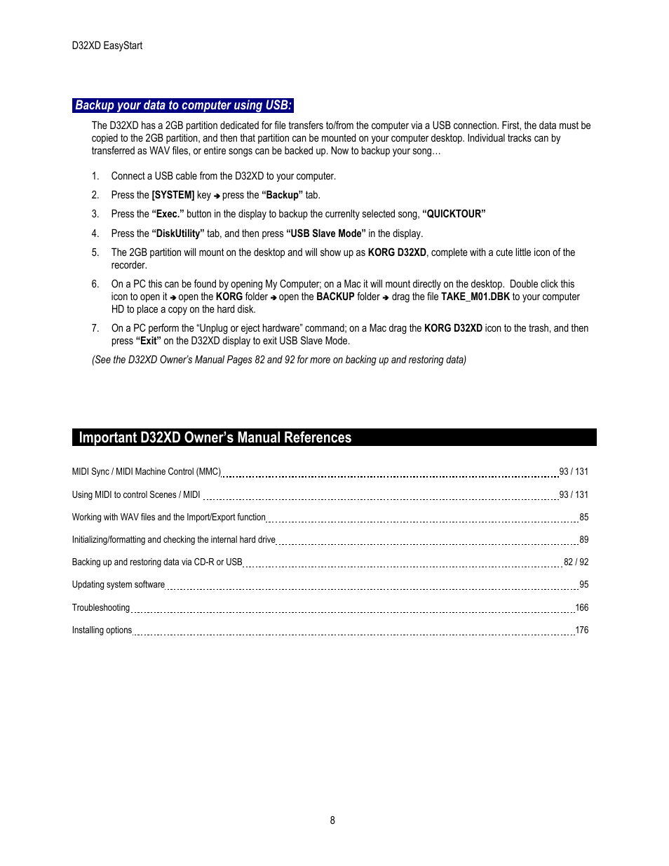 Important d32xd owner’s manual references, Backup your data to computer using usb | KORG EASYSTART D32XD User Manual | Page 8 / 8