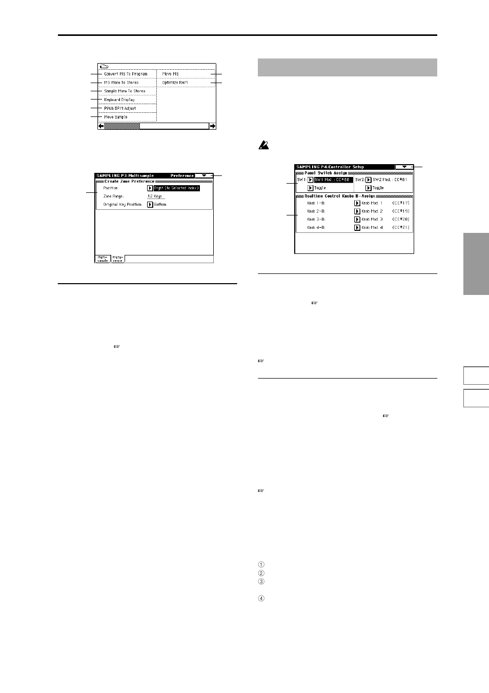 3–2: preference, Sampling p4: controller setup, 4–1: controller setup | Settings for creating indexes, Specify the function of the [sw1] and [sw2 | KORG Triton Studio User Manual | Page 130 / 322