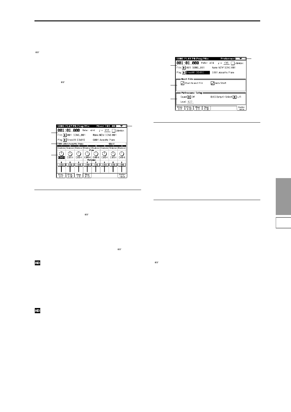 0–3: mixer 1–8 (mixer t01–08), 0–4: mixer 9–16 (mixer t09–16), 0–5: preference | 0–3: mixer 1–8, Set pan and volume for each track, 0–4: mixer 9–16, Settings for consecutive playback of smf | KORG Triton Studio User Manual | Page 136 / 322