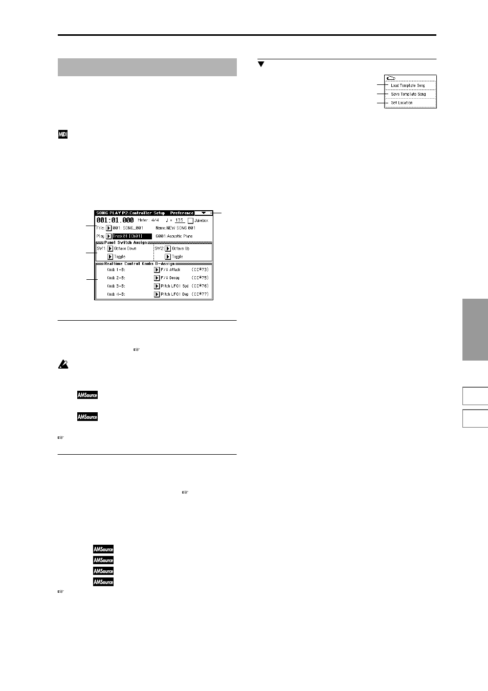 Song play p2: controller setup, 2–1: controller setup (preference), 2–1: controller setup | Specify the function of the [sw1] and [sw2 | KORG Triton Studio User Manual | Page 138 / 322