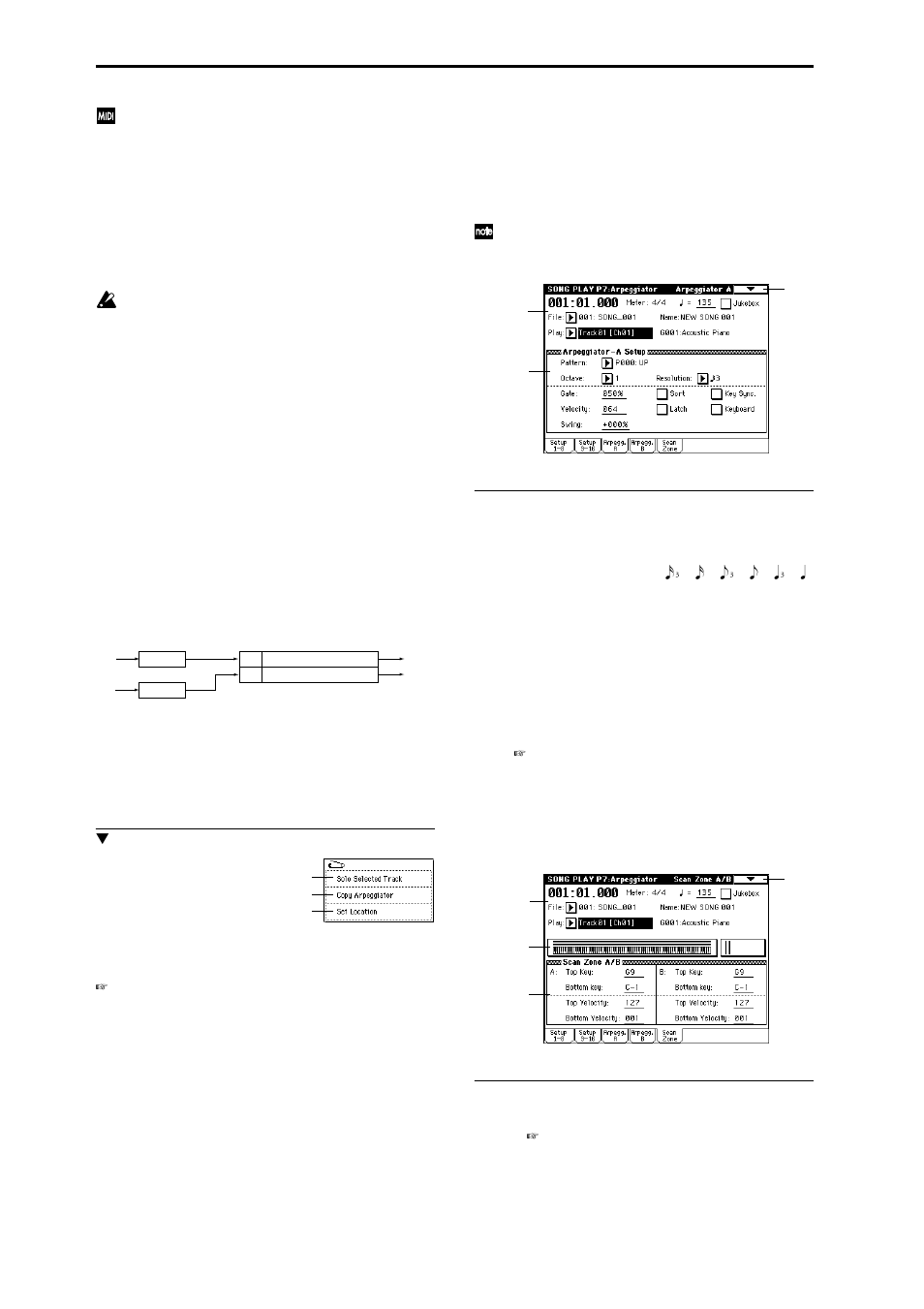7–3: arpegg. a (arpeggiator a), 7–4: arpegg. b (arpeggiator b), 7–5: scan zone (scan zone a/b) | 7–3: arpegg. a, Select an arpeggio pattern and make, 7–4: arpegg. b, 7–5: scan zone, Specify the range of notes and velocities, Arpeggiator a), Arpeggiator b) | KORG Triton Studio User Manual | Page 141 / 322