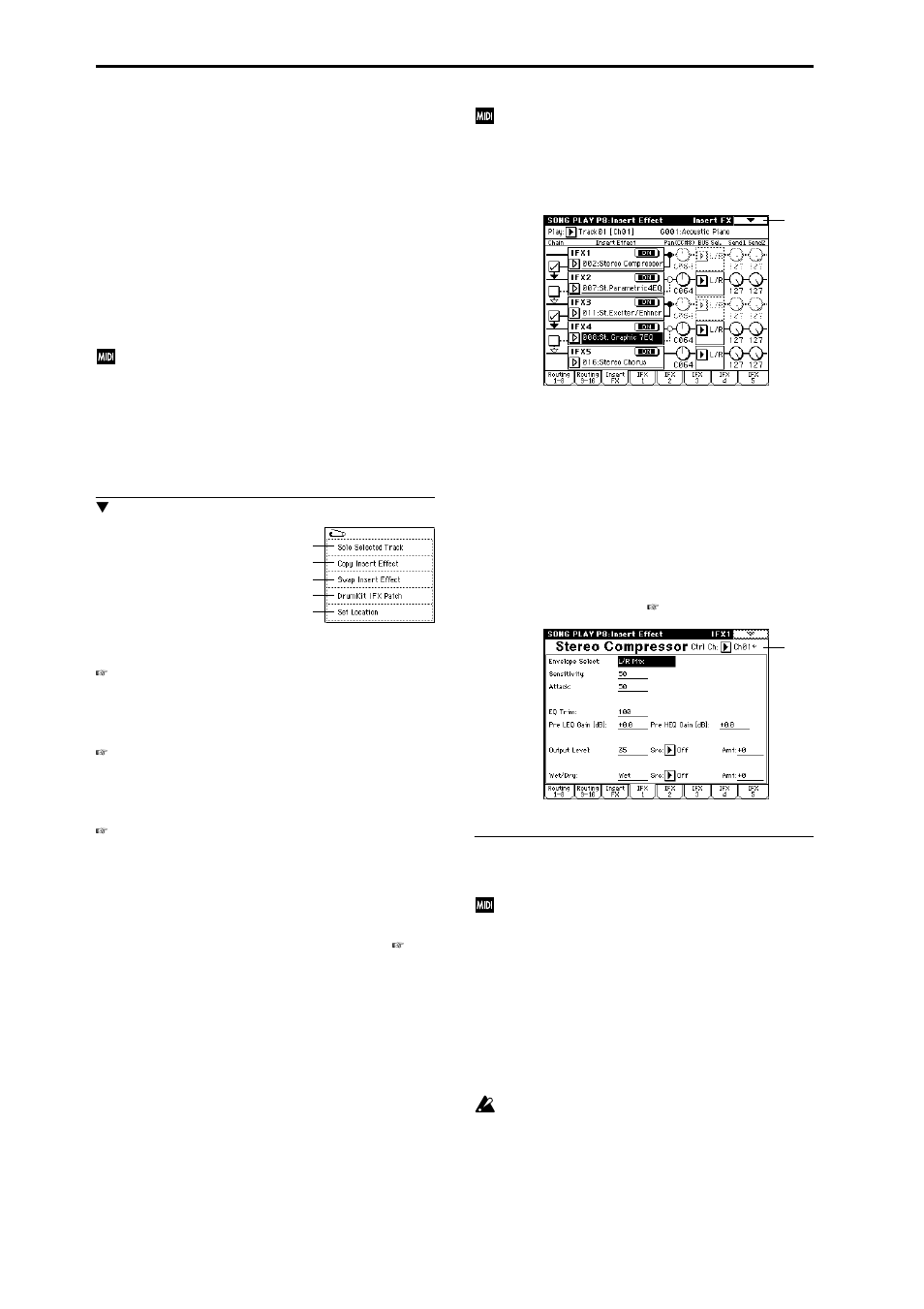 8–3: insert fx, 8–4: ifx 1, 8–5: ifx 2 | 8–6: ifx 3, 8–7: ifx 4, 8–8: ifx 5, Select insert effects, turn them on/off, and, Parameter settings for ifx1, Parameter settings for ifx2, Parameter settings for ifx3 | KORG Triton Studio User Manual | Page 143 / 322