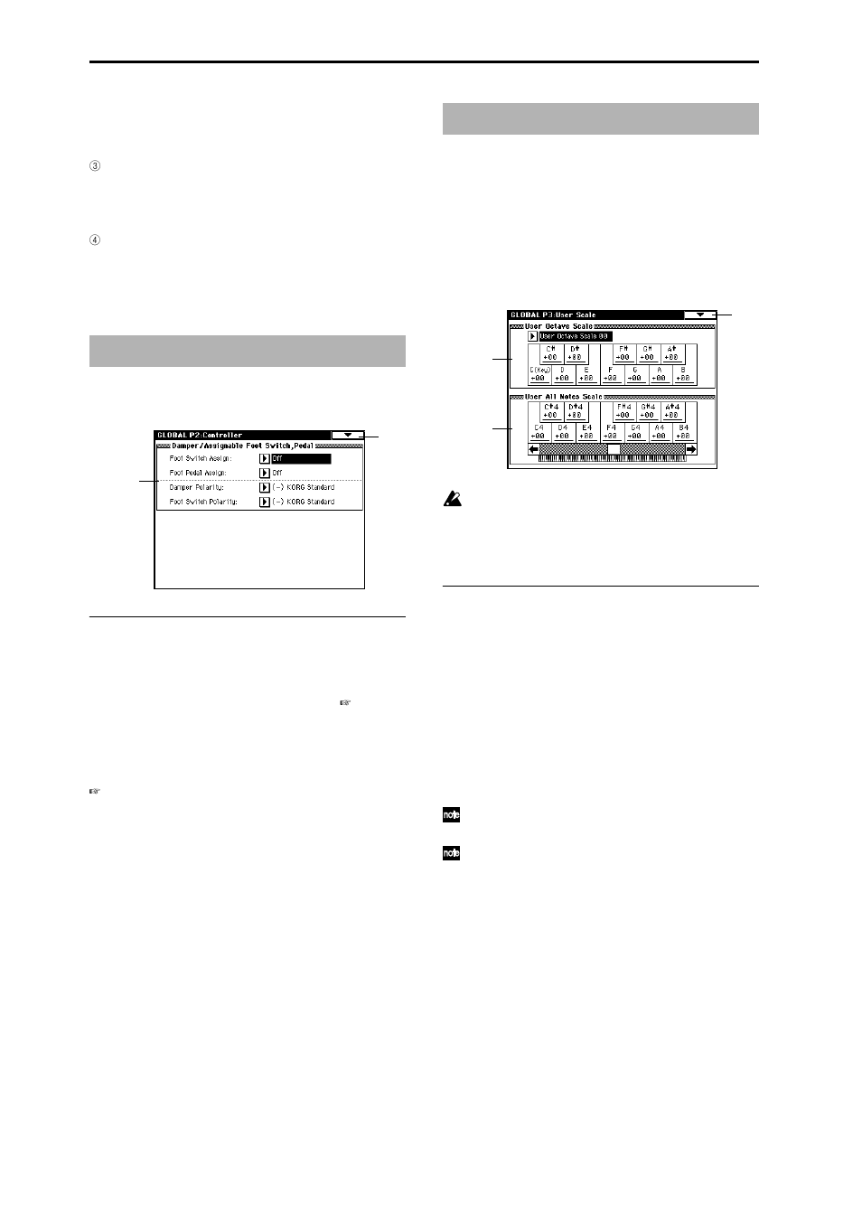 Global p2: controller, 2–1: controller, Global p3: user scale | 3–1: user scale, Damper pedal and assignable foot, Create user scales | KORG Triton Studio User Manual | Page 157 / 322