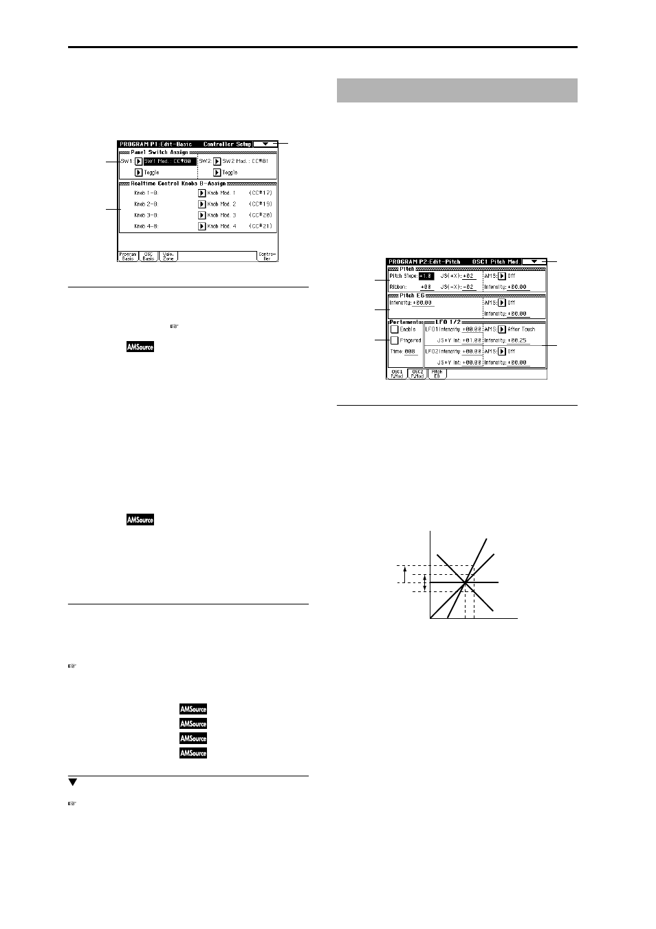 1–4: controller (controller setup), Program p2: edit–pitch, 2–1: osc1 p.mod (osc1 pitch mod.) | 1–4: controller, Sw1] and [sw2] key functions, 2–1: osc1 p.mod, Specify oscillator 1 pitch modulation via | KORG Triton Studio User Manual | Page 23 / 322