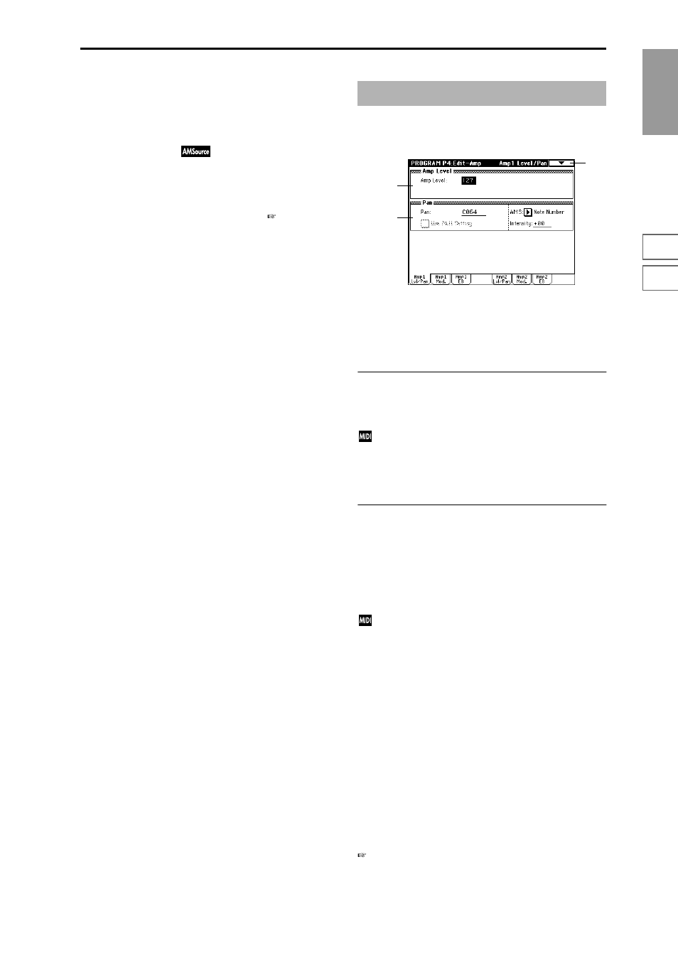 3–5: filter2, 3–6: filter2 mod, 3–7: filter2 lfo mod | 3–8: filter2 eg, Program p4: edit–amp, 4–1: amp1 level/pan, Filter 2 (for oscillator 2) type, cutoff, Keyboard tracking and controller settings, Filter 2 lfo settings to modulate the filter, Filter 2 eg settings | KORG Triton Studio User Manual | Page 32 / 322
